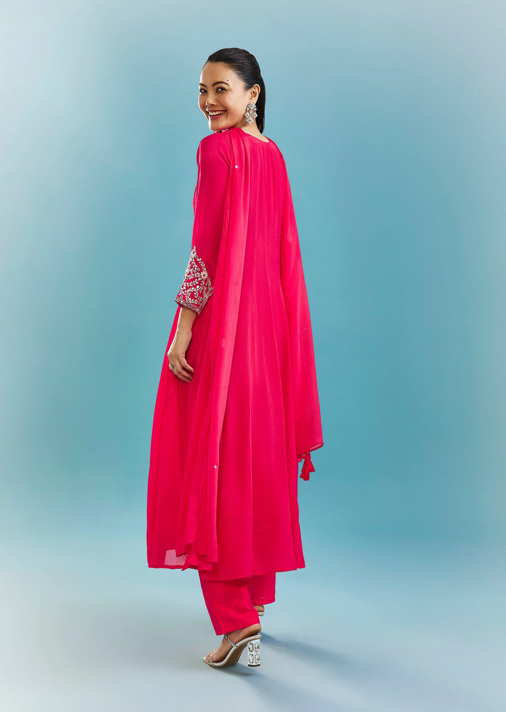 Pink Anarkali Set With Mirror And Beads Work