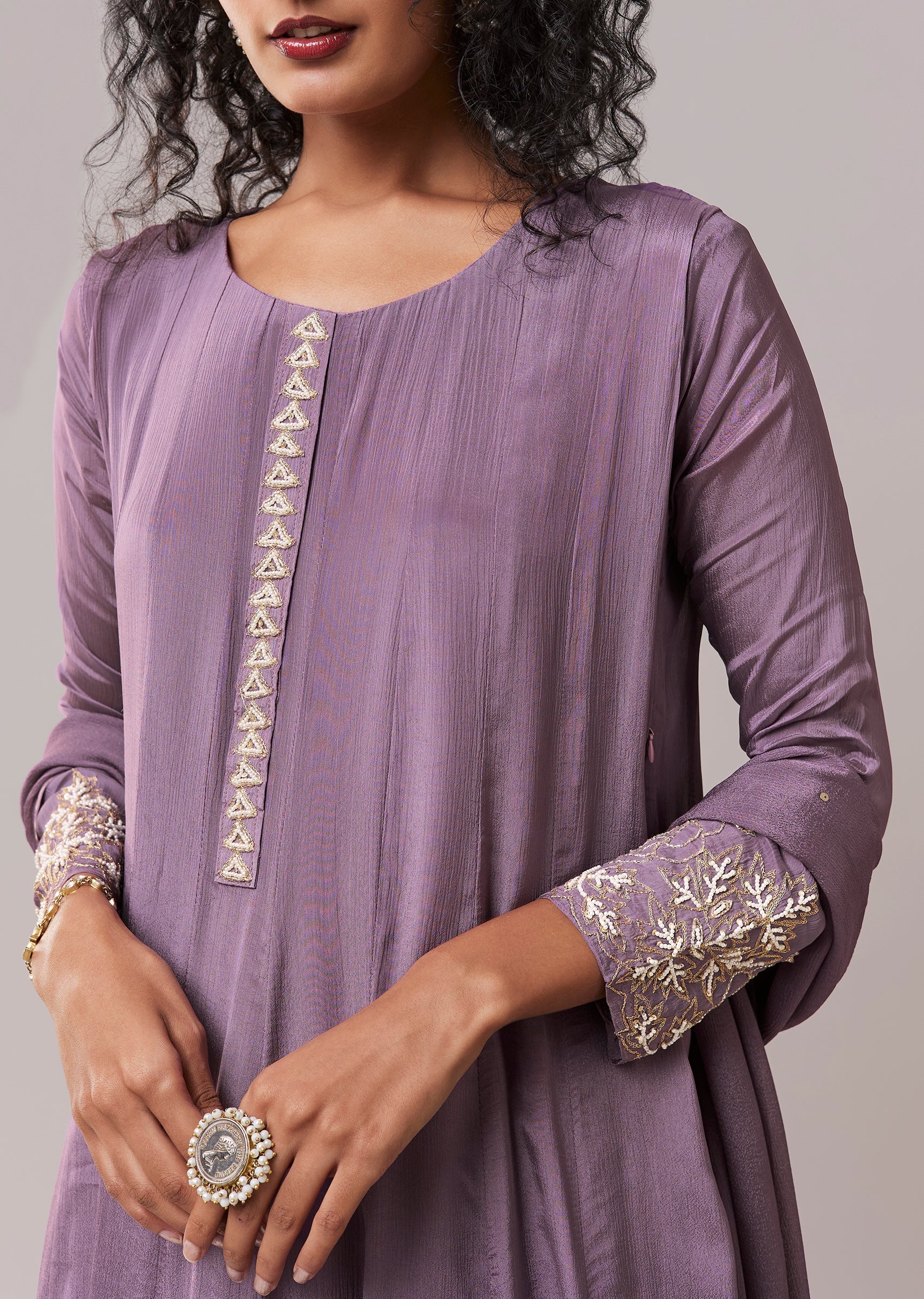 Purple Moti Work Cotton Silk Embroidered Anarkali Set