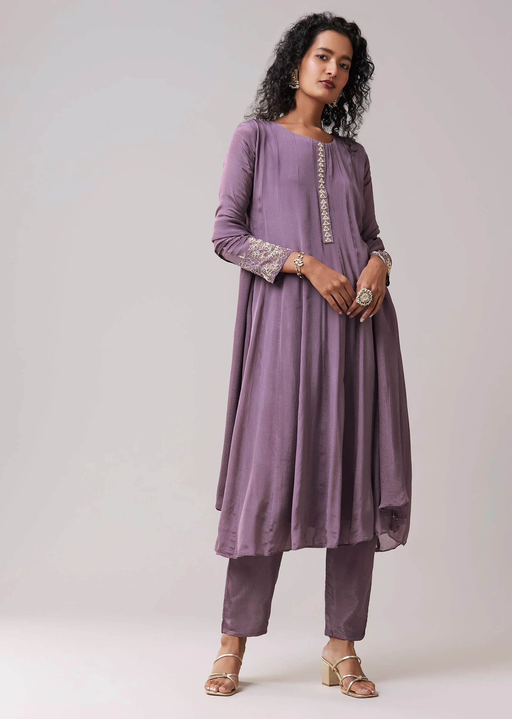 Purple Moti Work Cotton Silk Embroidered Anarkali Set