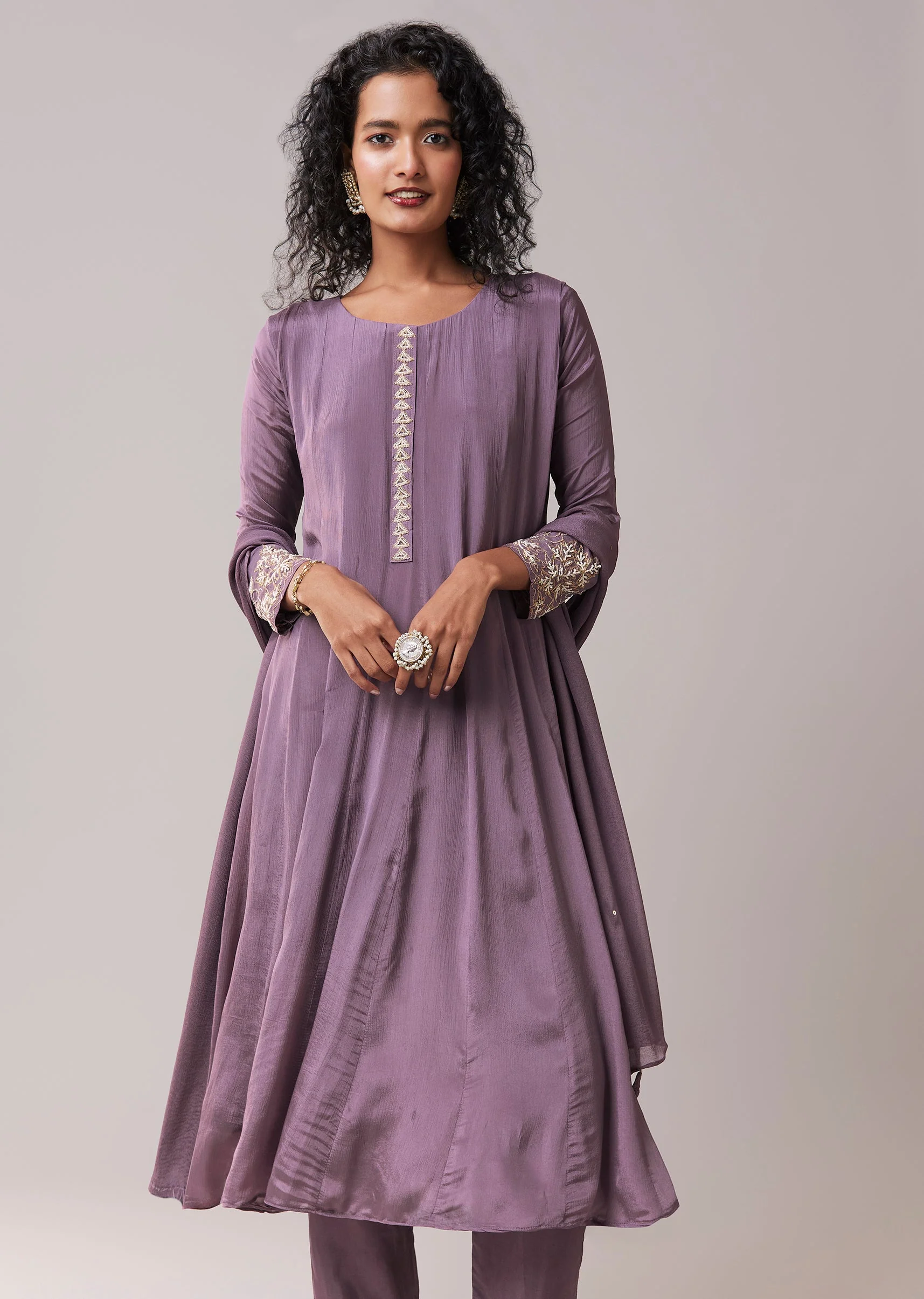 Purple Moti Work Cotton Silk Embroidered Anarkali Set