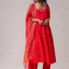 Red Silk Cutdana Work Anarkali Set