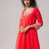 Red Silk Cutdana Work Anarkali Set