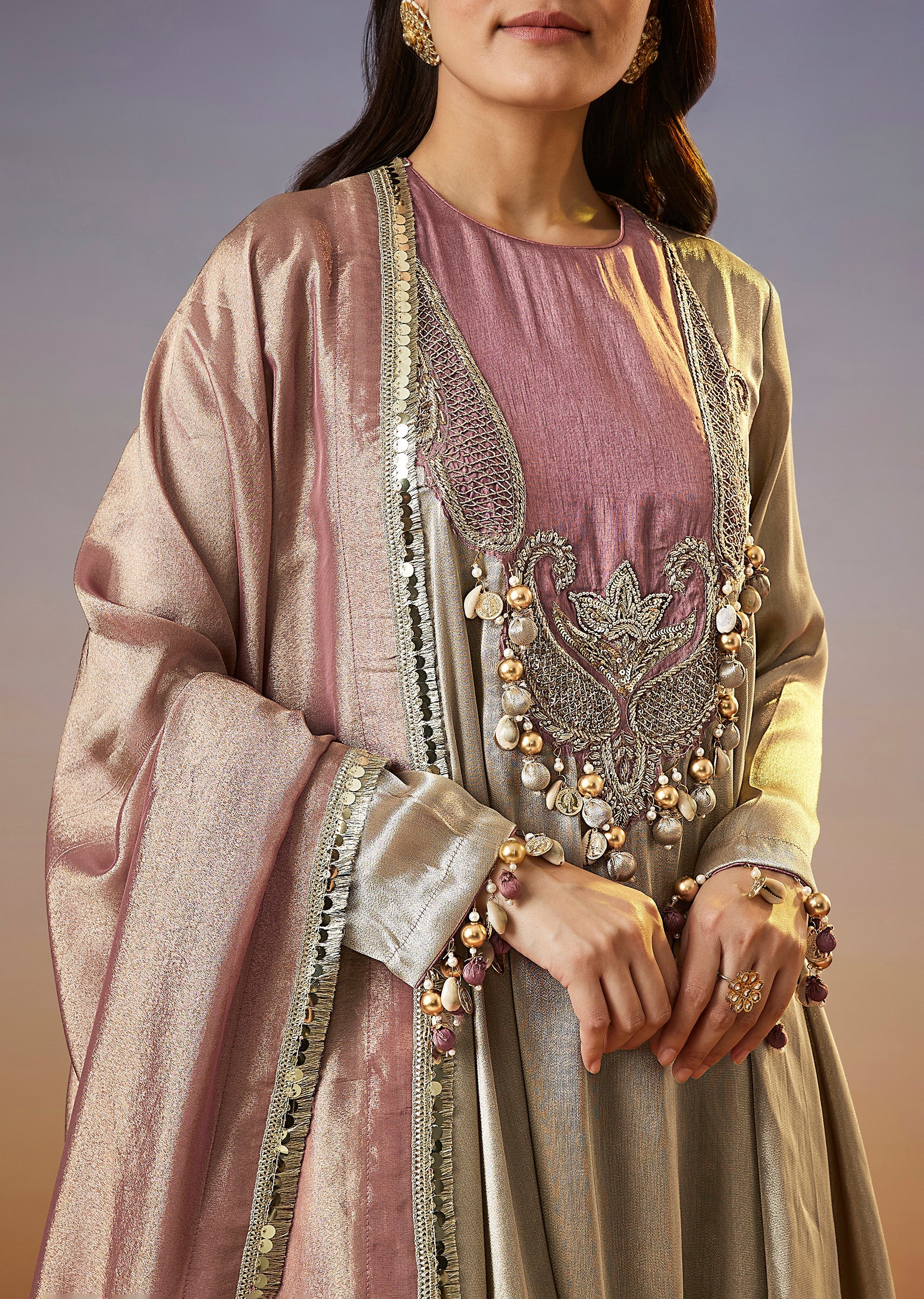 Silver Embroidered Tissue Anarkali Set With Dupatta