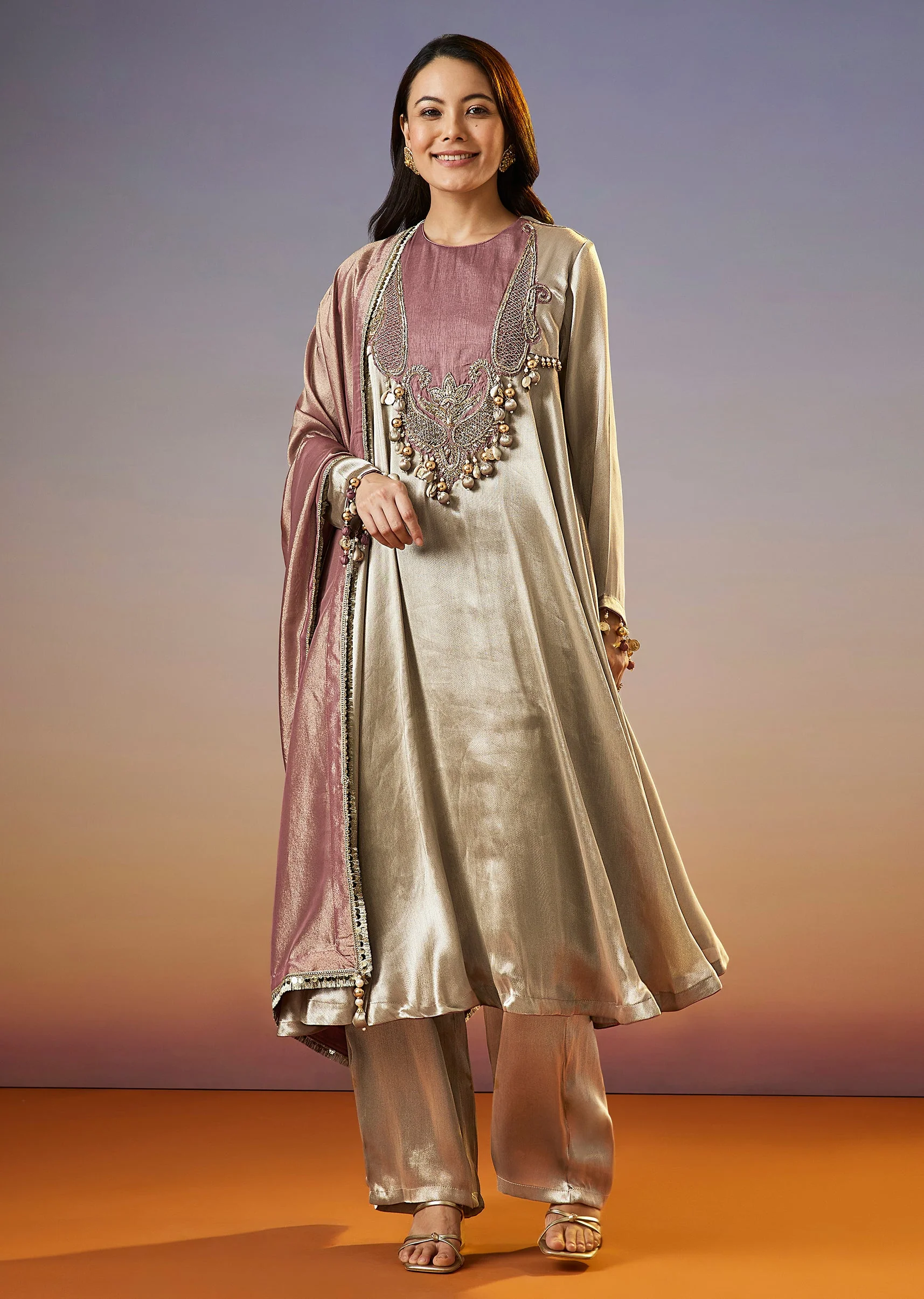 Silver Embroidered Tissue Anarkali Set With Dupatta