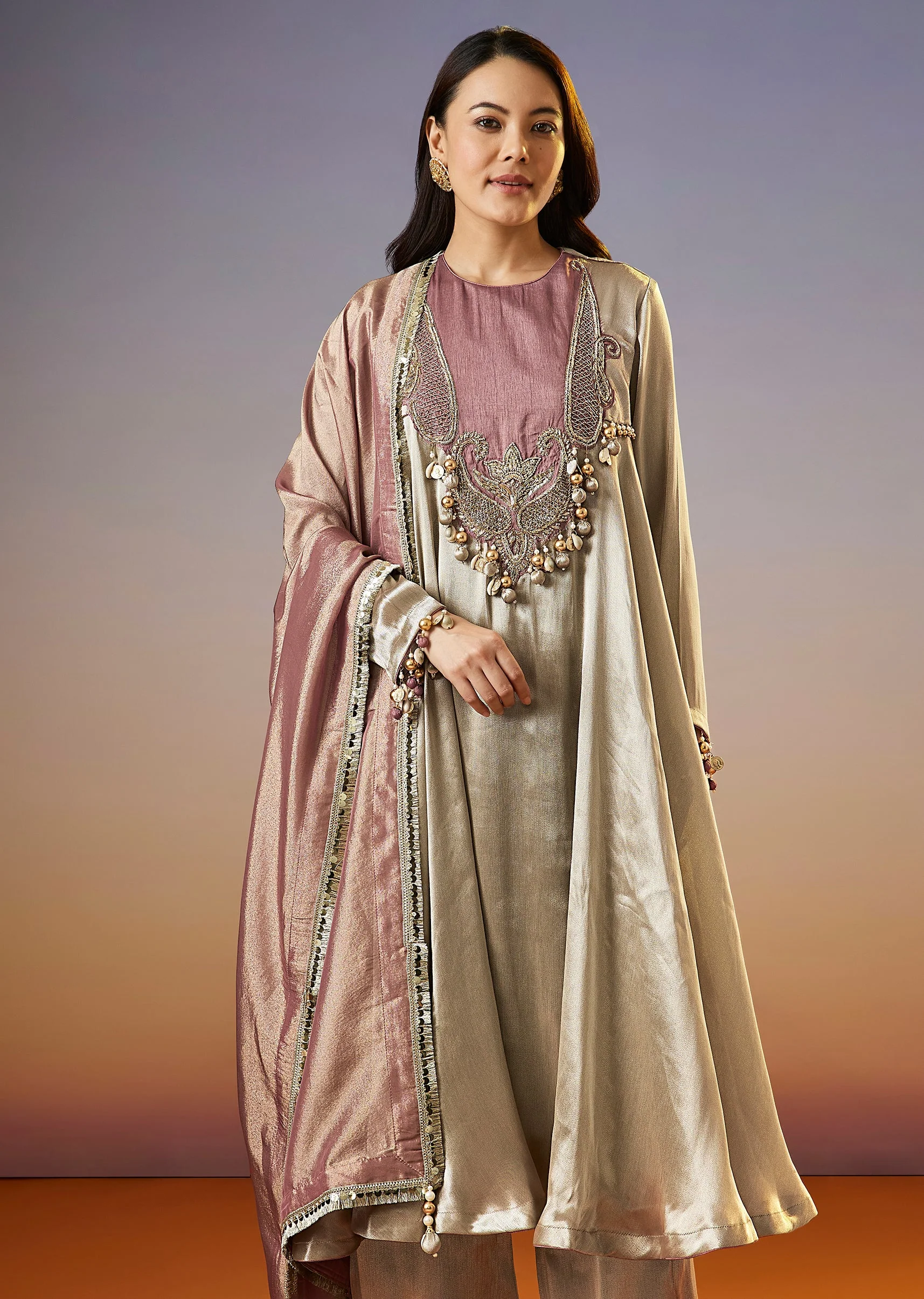 Silver Embroidered Tissue Anarkali Set With Dupatta