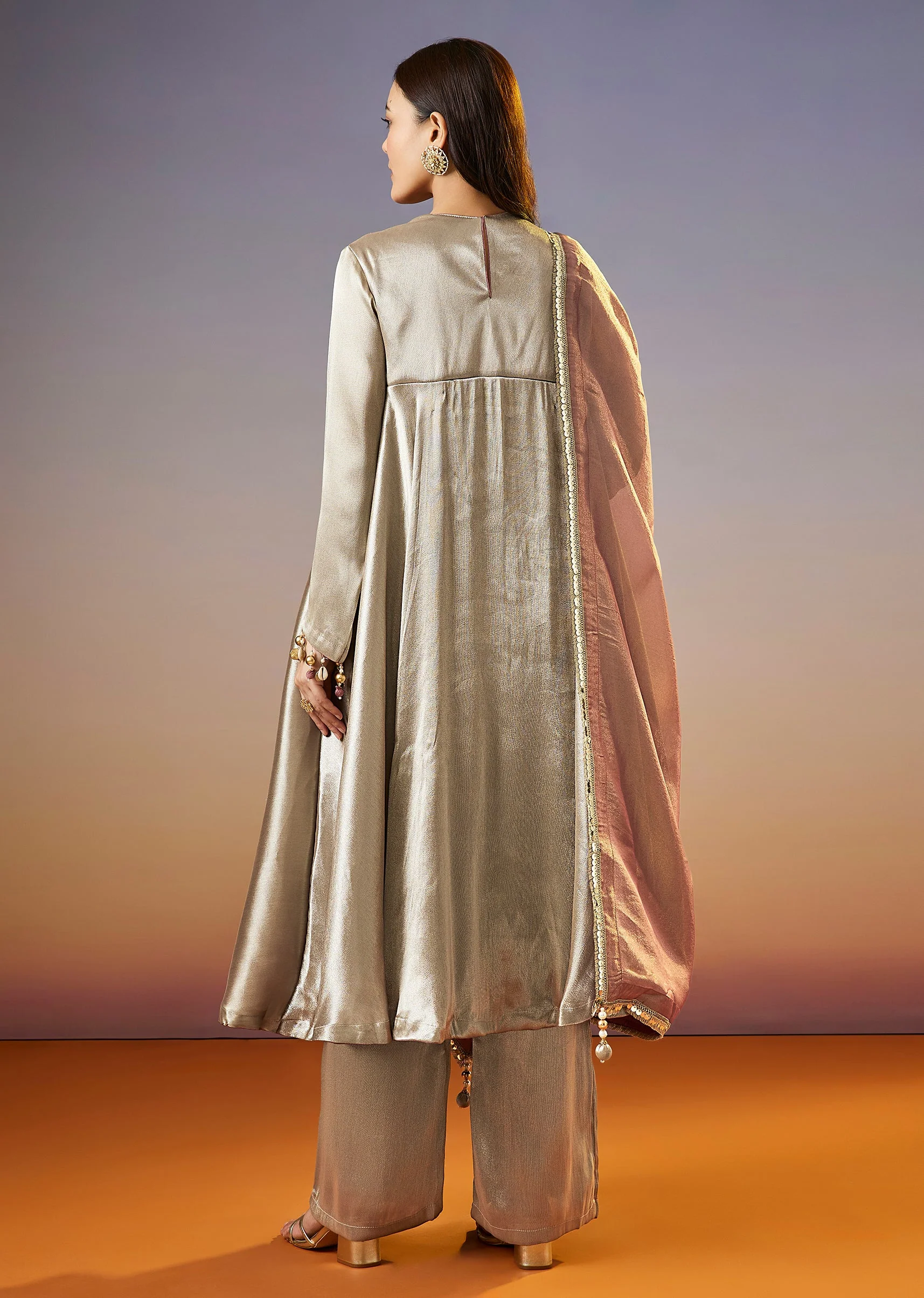 Silver Embroidered Tissue Anarkali Set With Dupatta