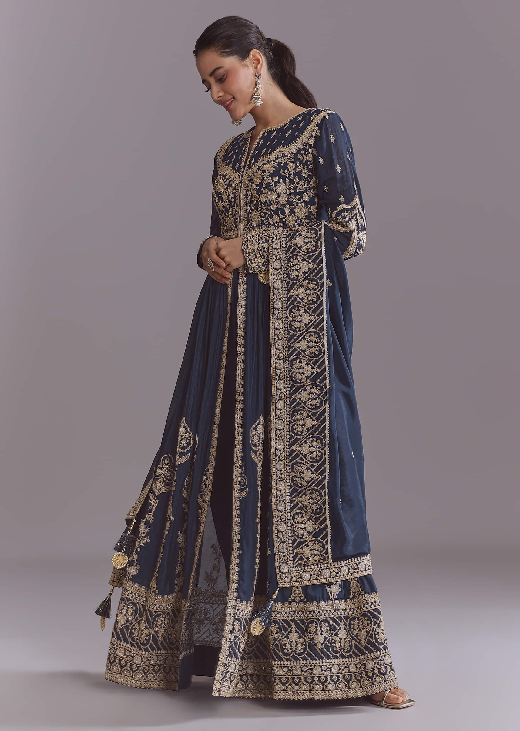 18356-blue-chinon-anarkali-suit-with-embroidery-and-front-slit-1.jpg Blue Chinon Anarkali Suit With Embroidery And Front Slit