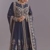 Blue Chinon Anarkali Suit With Embroidery And Front Slit