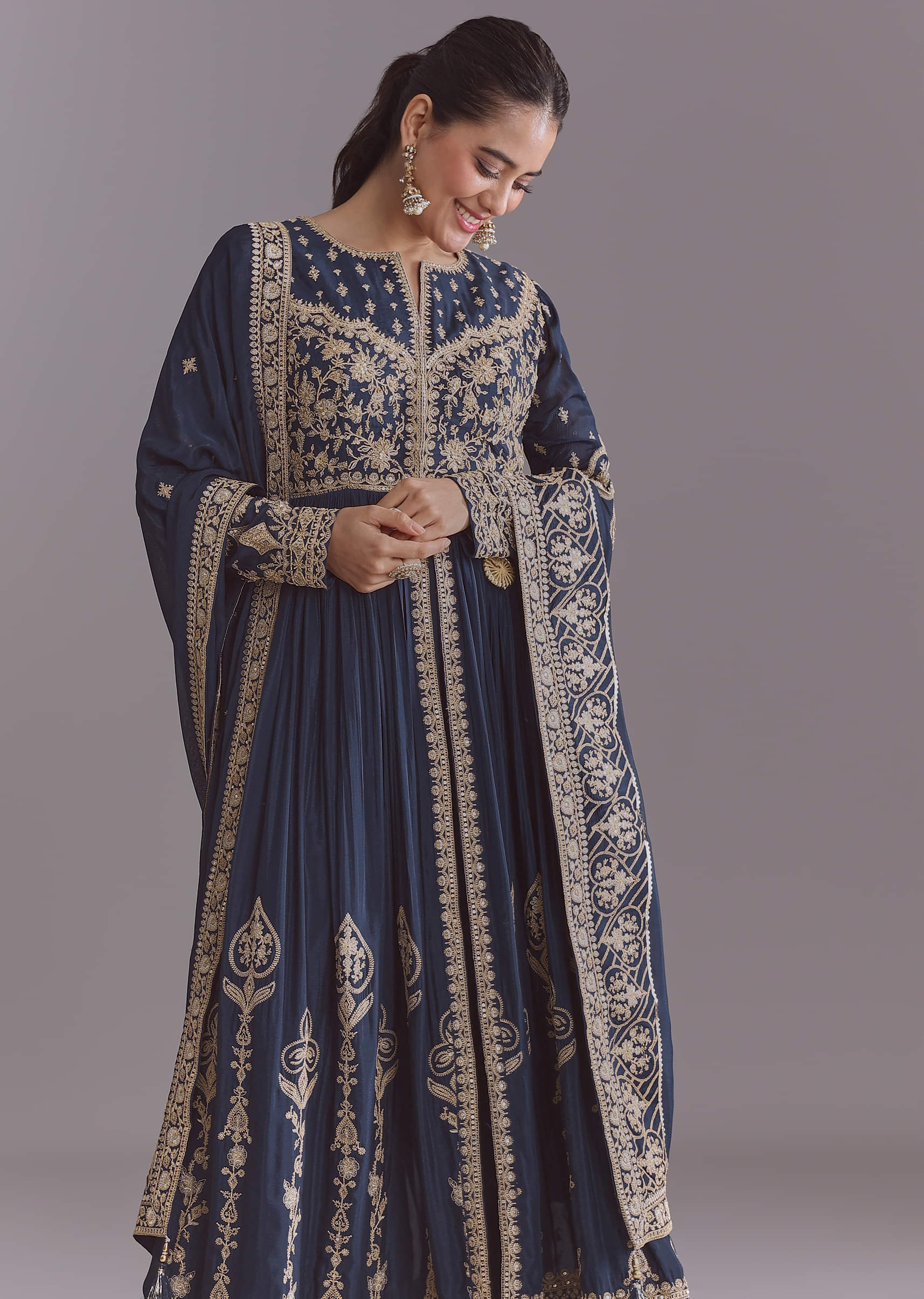 Blue Chinon Anarkali Suit With Embroidery And Front Slit