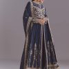 Blue Chinon Anarkali Suit With Embroidery And Front Slit