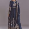 Blue Chinon Anarkali Suit With Embroidery And Front Slit