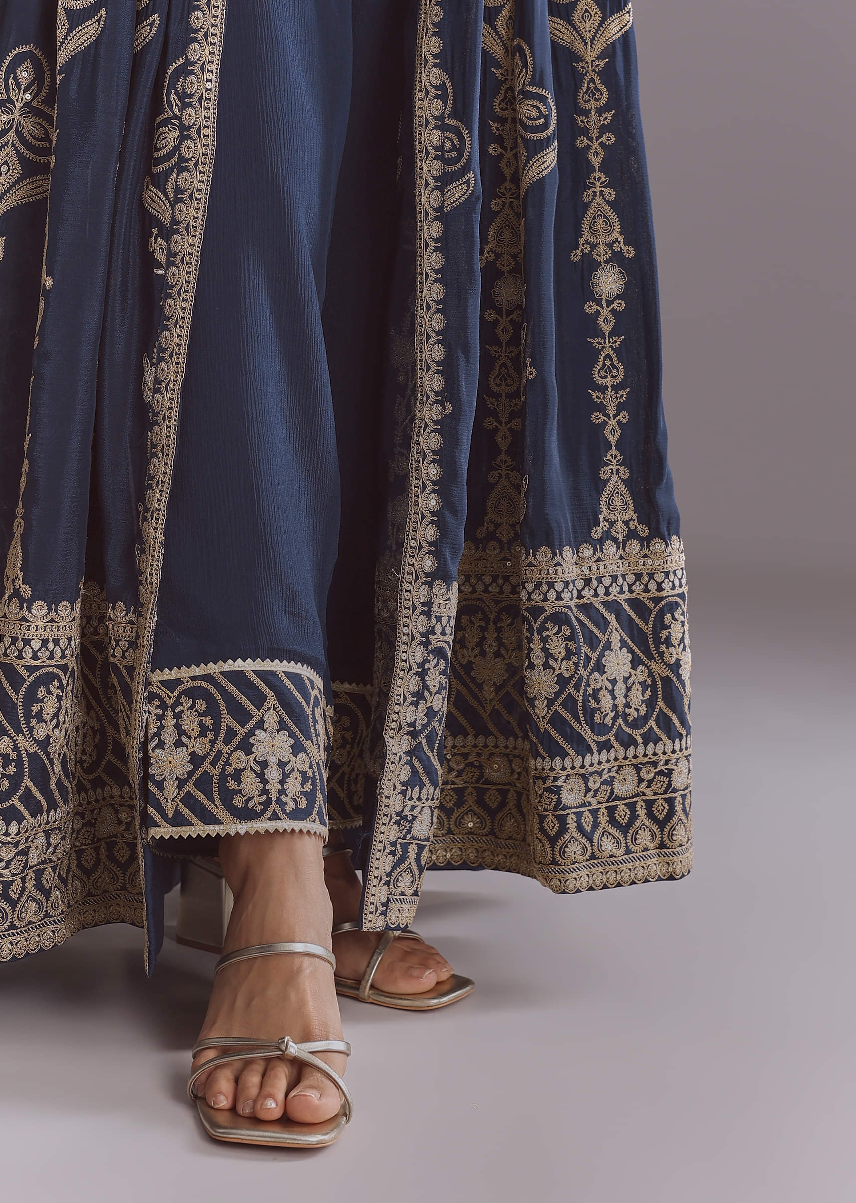 Blue Chinon Anarkali Suit With Embroidery And Front Slit