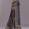 Blue Chinon Anarkali Suit With Embroidery And Front Slit