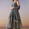 Grey Embellished Anarkali Suit Set With Pant And Dupatta