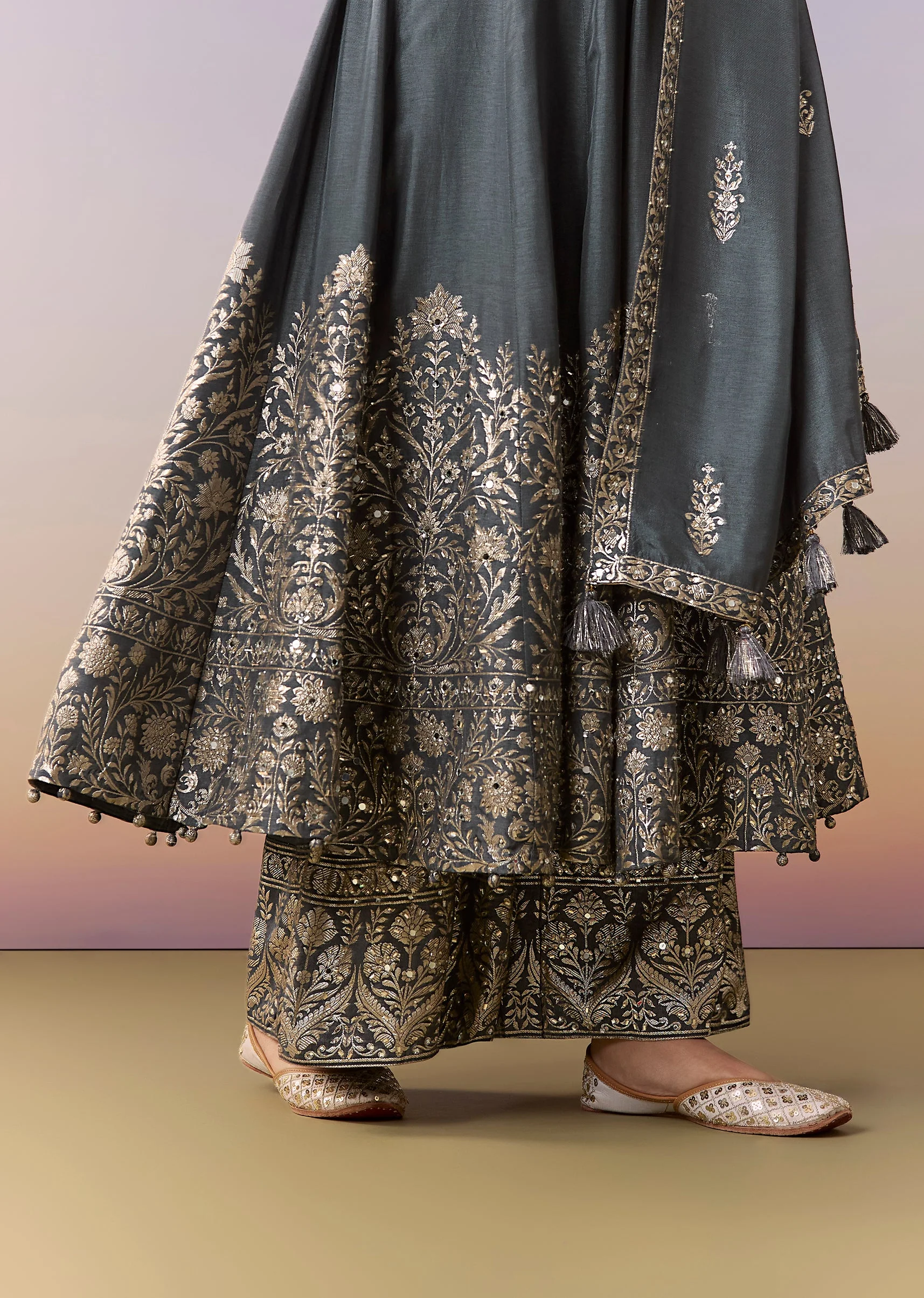 Grey Embellished Anarkali Suit Set With Pant And Dupatta