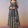 Grey Embellished Anarkali Suit Set With Pant And Dupatta