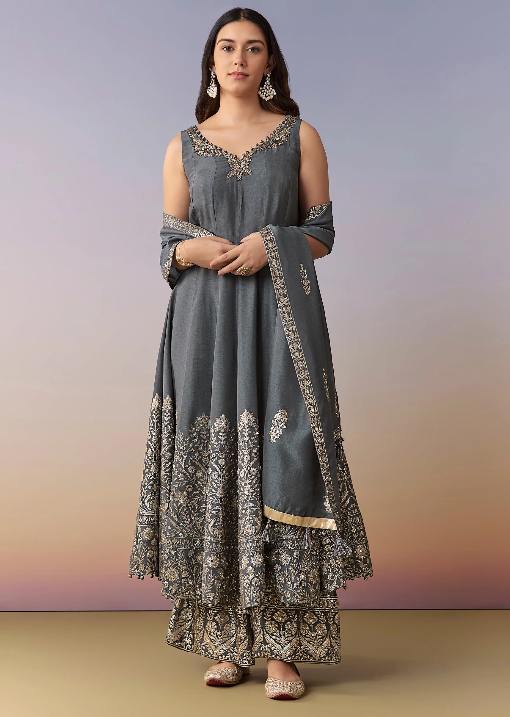 Grey Embellished Anarkali Suit Set With Pant And Dupatta