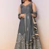 Grey Embellished Anarkali Suit Set With Pant And Dupatta