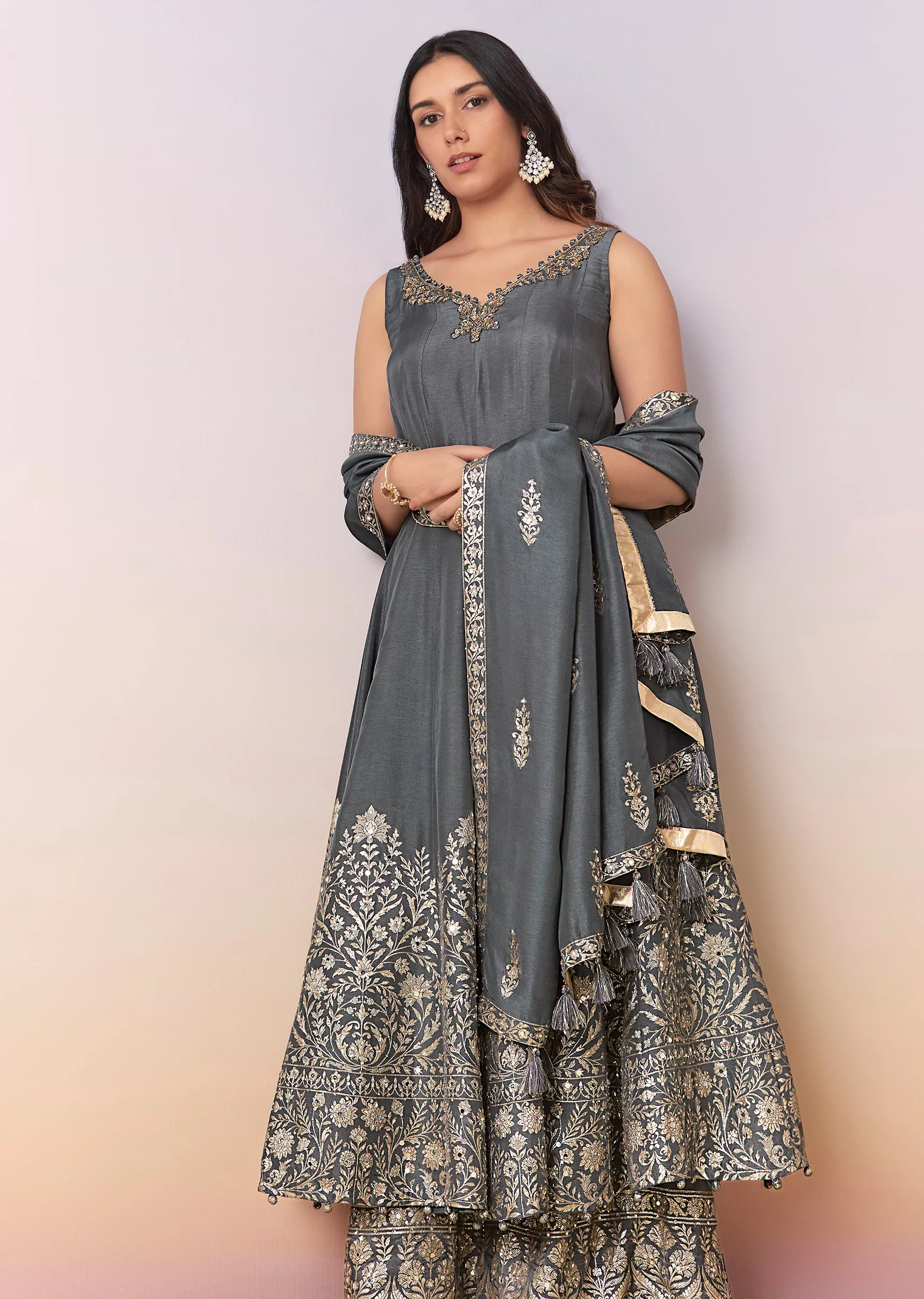 Grey Embellished Anarkali Suit Set With Pant And Dupatta