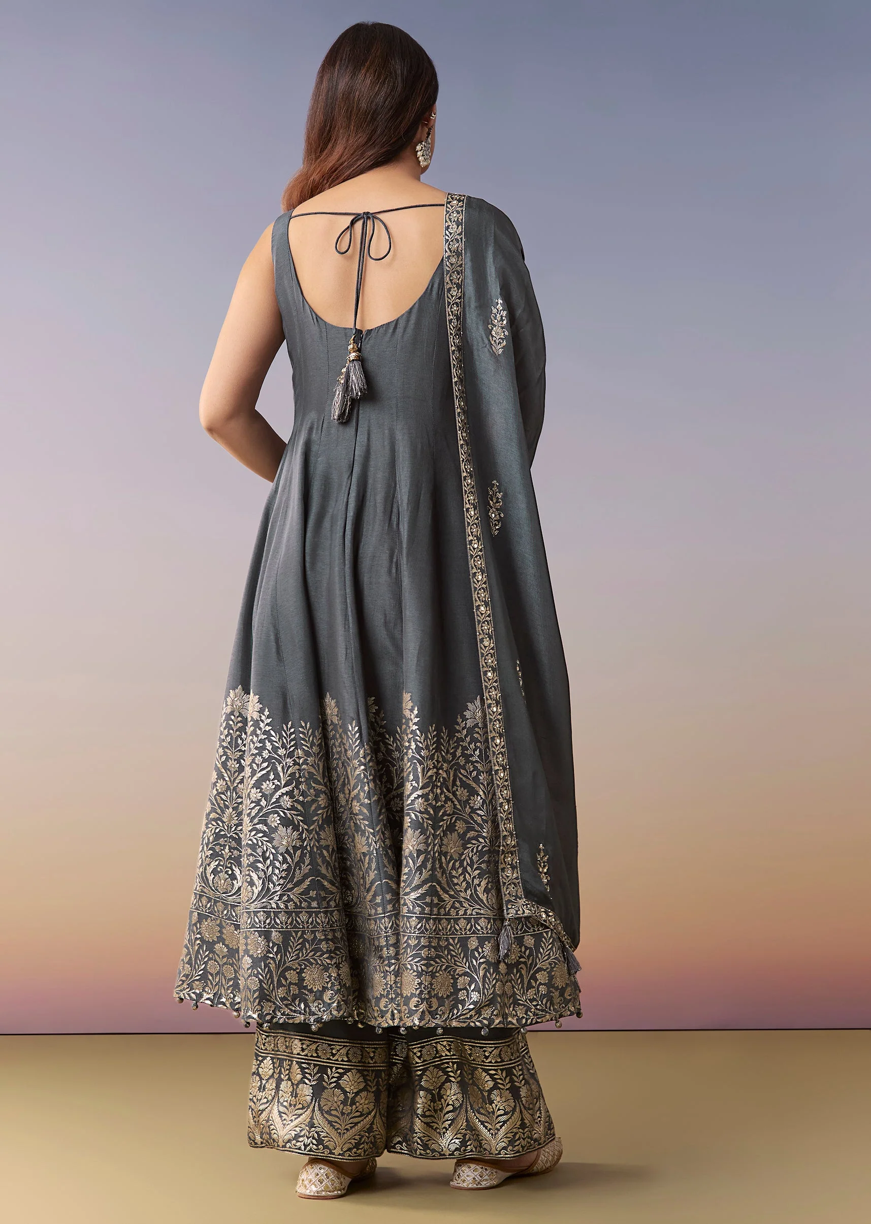 Grey Embellished Anarkali Suit Set With Pant And Dupatta
