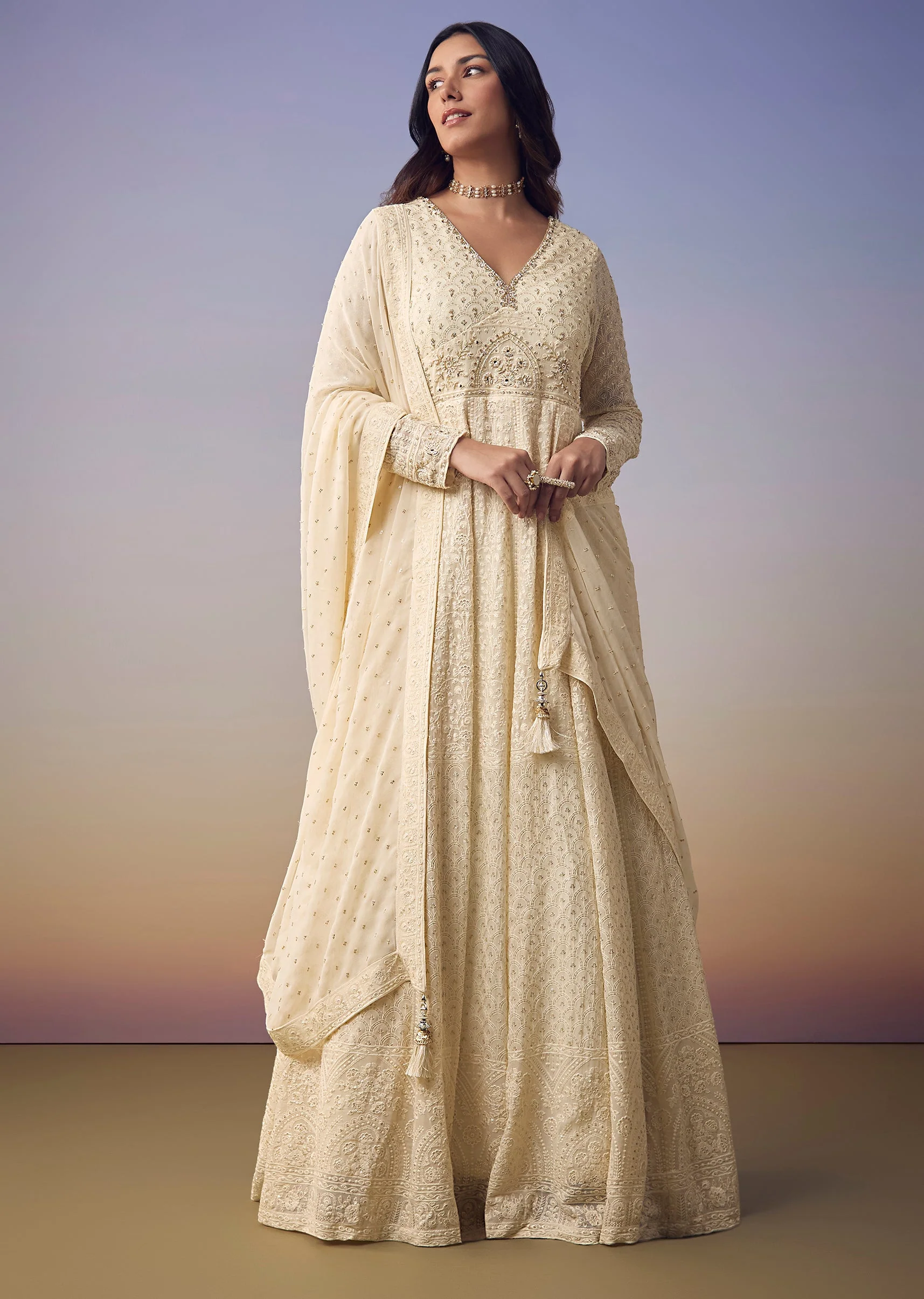 Ivory Lucknowi And Sequin Anarkali with Dupatta