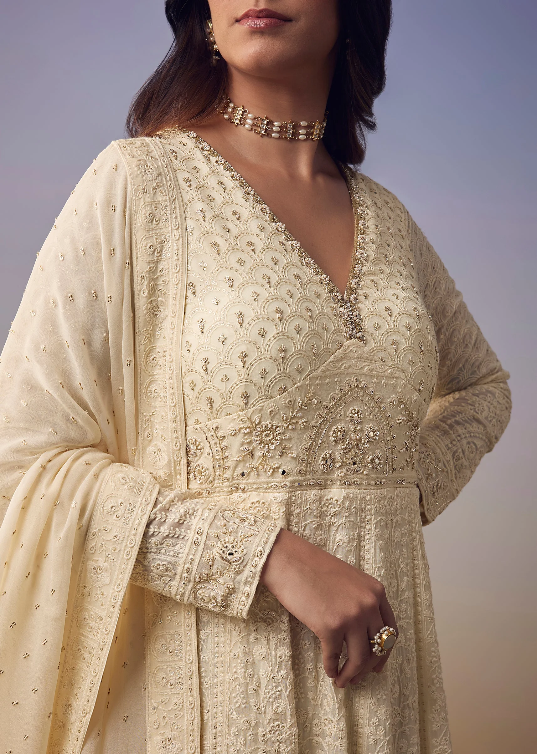 Ivory Lucknowi And Sequin Anarkali with Dupatta
