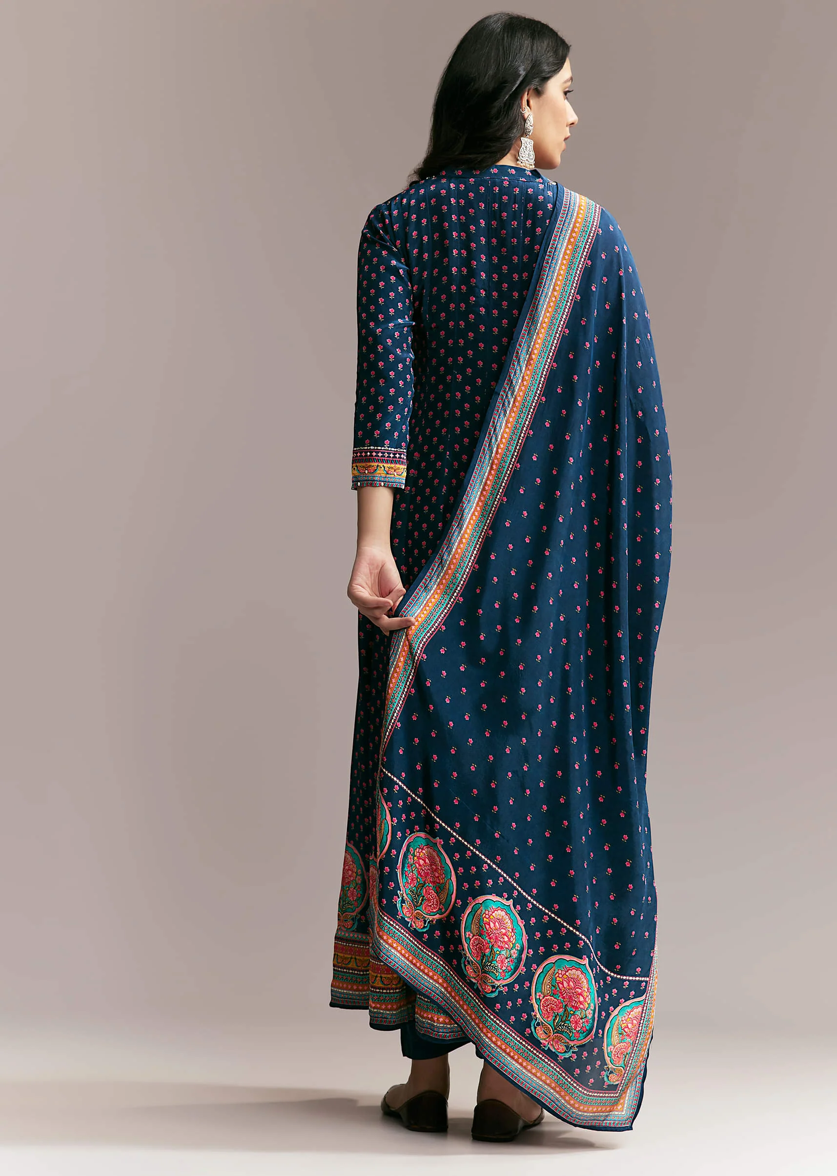 Navy Blue Printed Anarkali Set