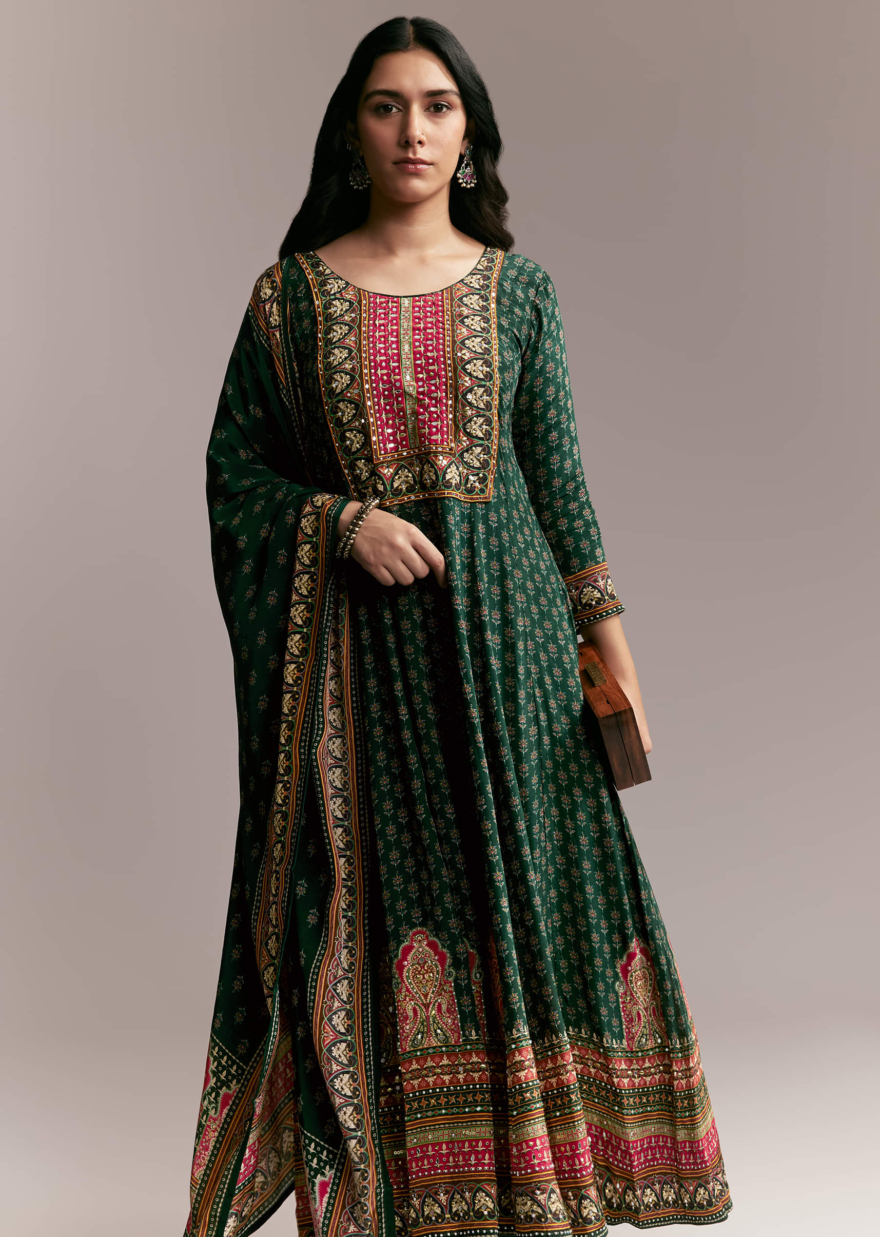 Green Printed Anarkali Set