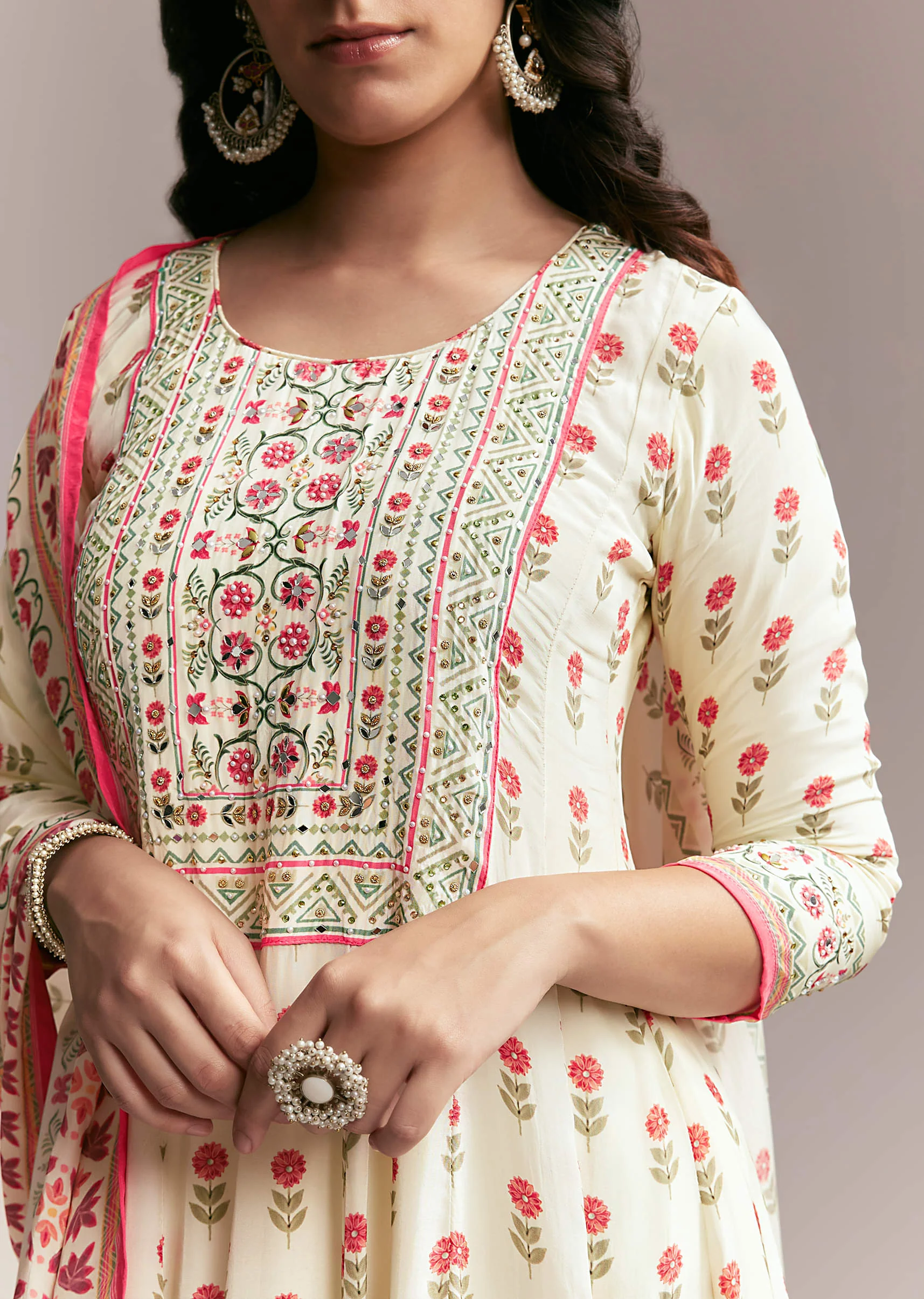 White Floral Printed Anarkali Set
