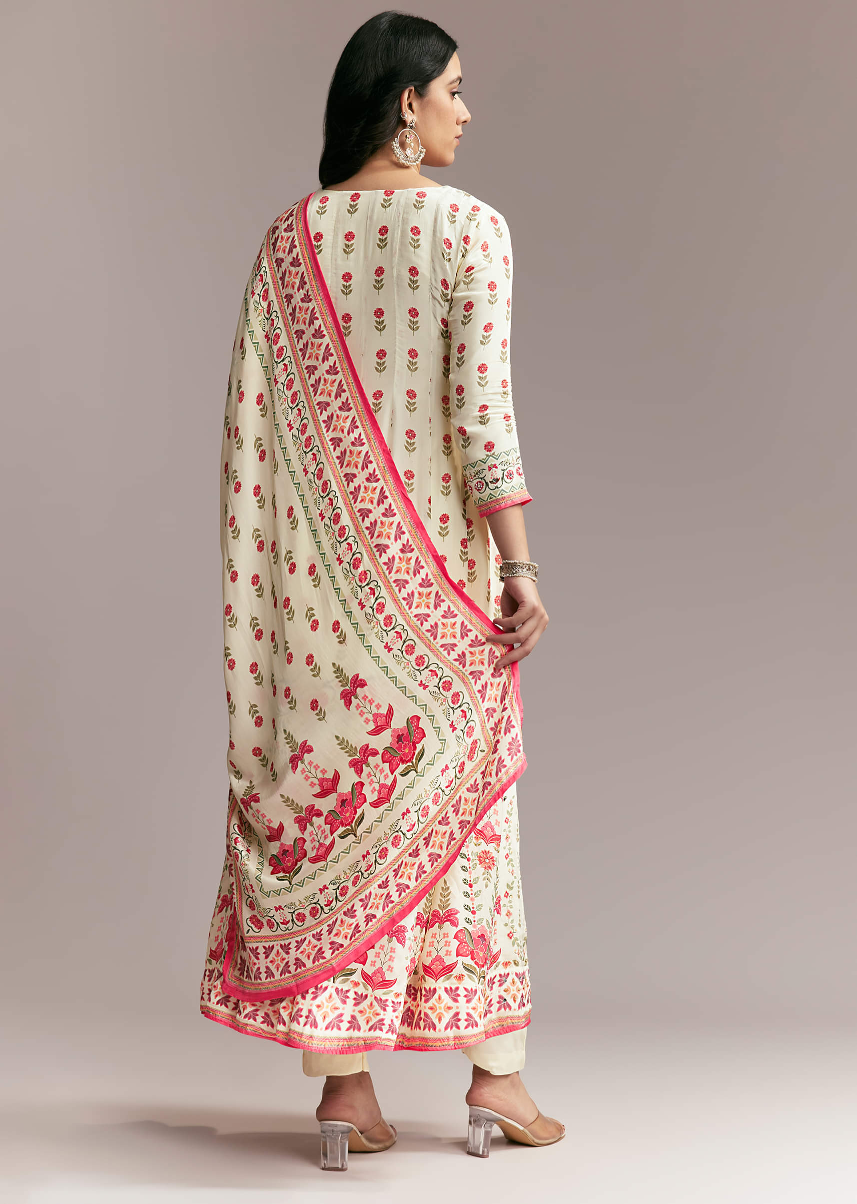 White Floral Printed Anarkali Set