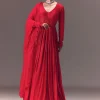 Crimson Red Ruched Embroidered Suit With Dupatta