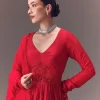 Crimson Red Ruched Embroidered Suit With Dupatta