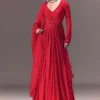 Crimson Red Ruched Embroidered Suit With Dupatta
