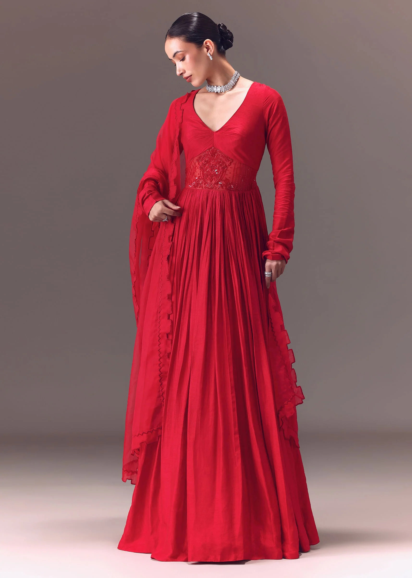 Crimson Red Ruched Embroidered Suit With Dupatta