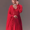Crimson Red Ruched Embroidered Suit With Dupatta