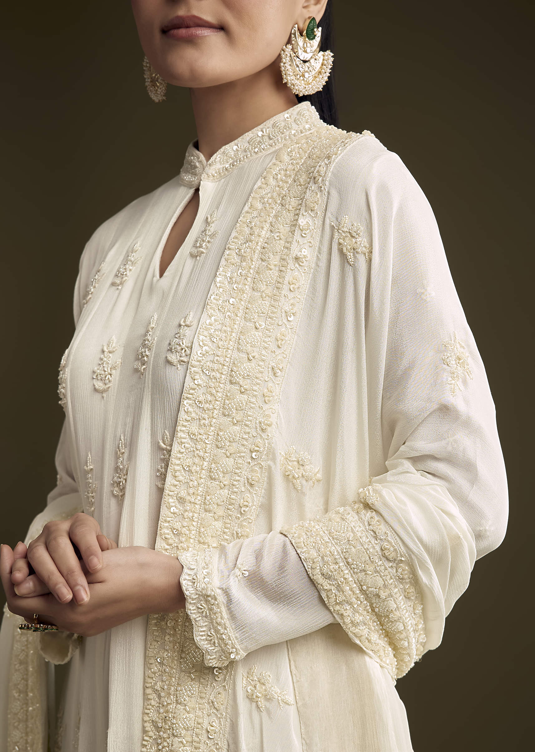 White Chinon Anarkali Suit With Heavy Hand Embroidery