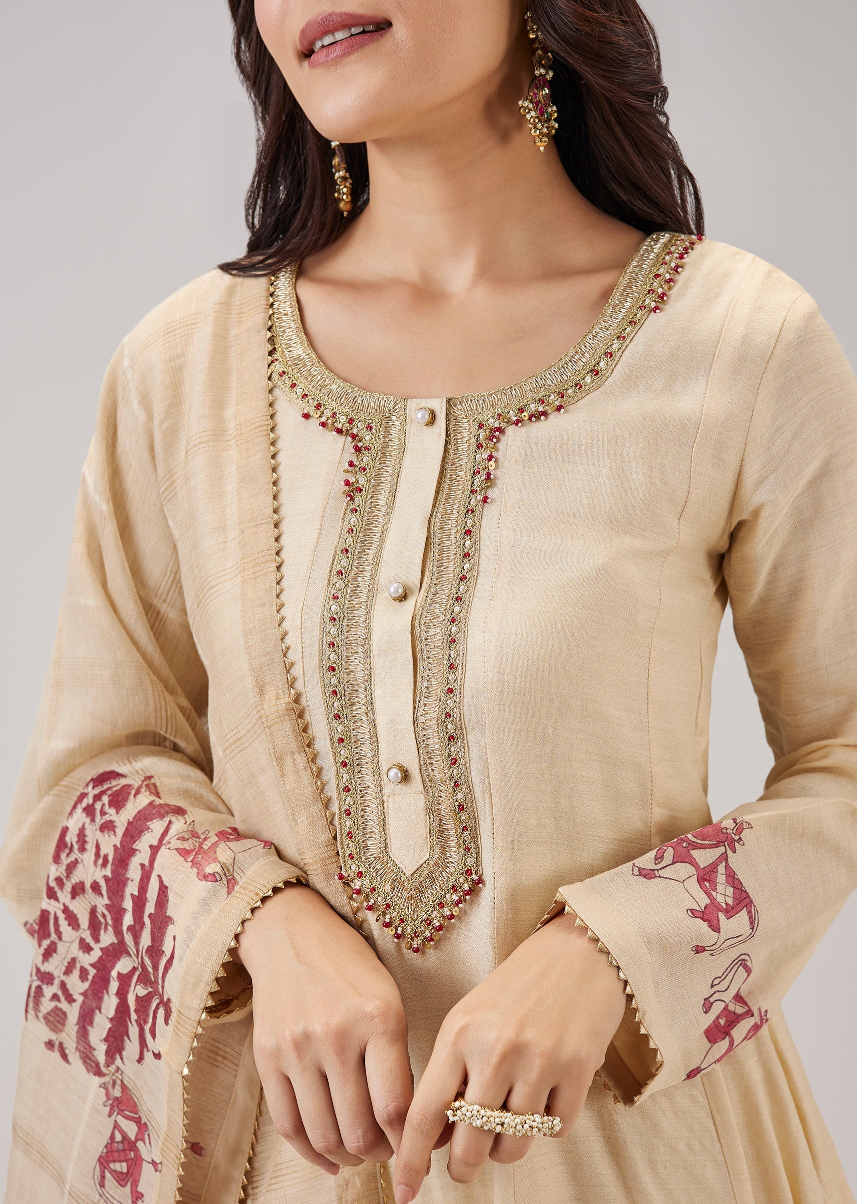 Red Hand Block Print Anarkali With Zardosi Work