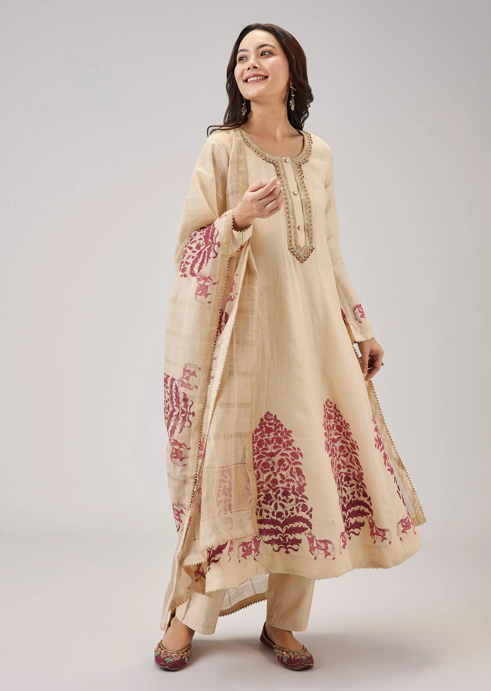 Red Hand Block Print Anarkali With Zardosi Work