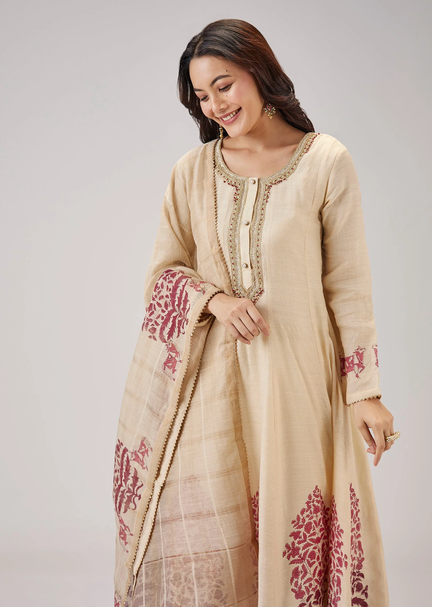 Red Hand Block Print Anarkali With Zardosi Work