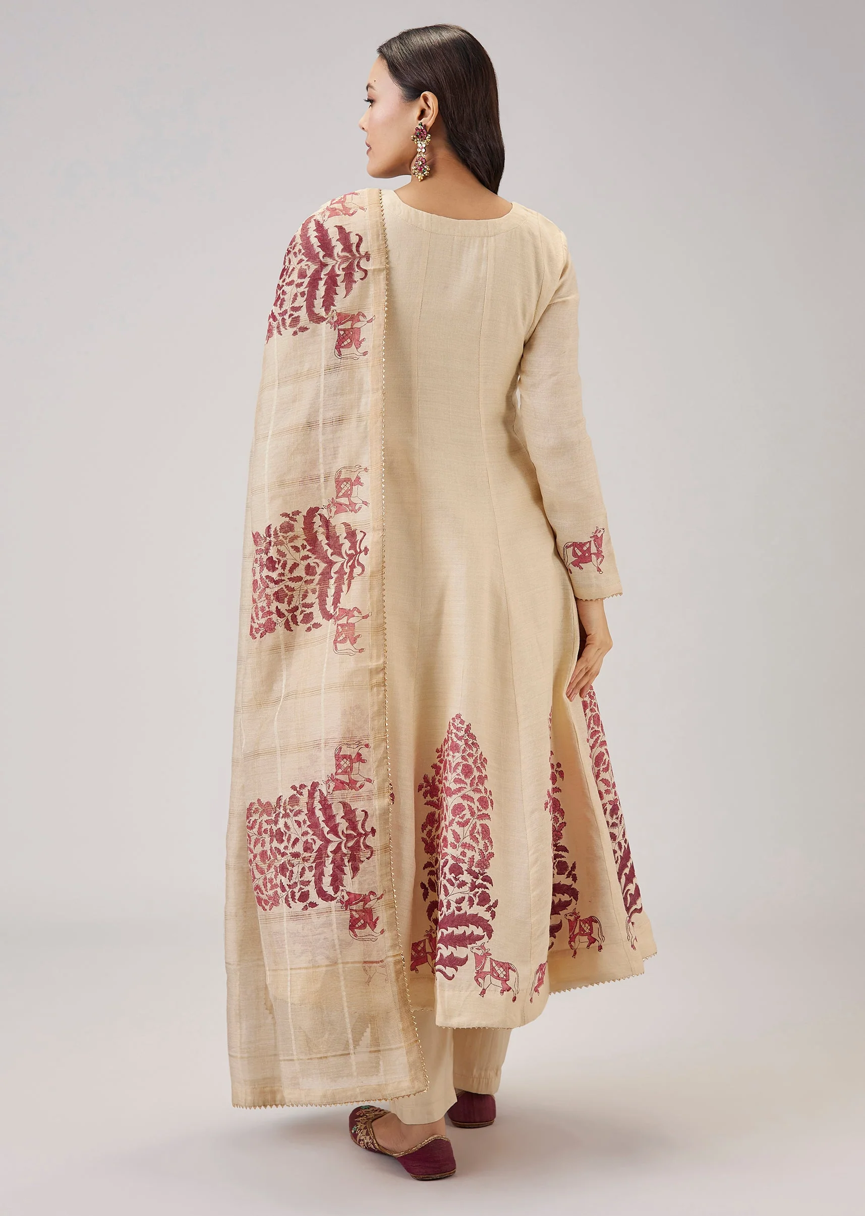 Red Hand Block Print Anarkali With Zardosi Work
