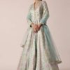 Aqua Blue Chanderi Anarkali Set With Brocade Detail