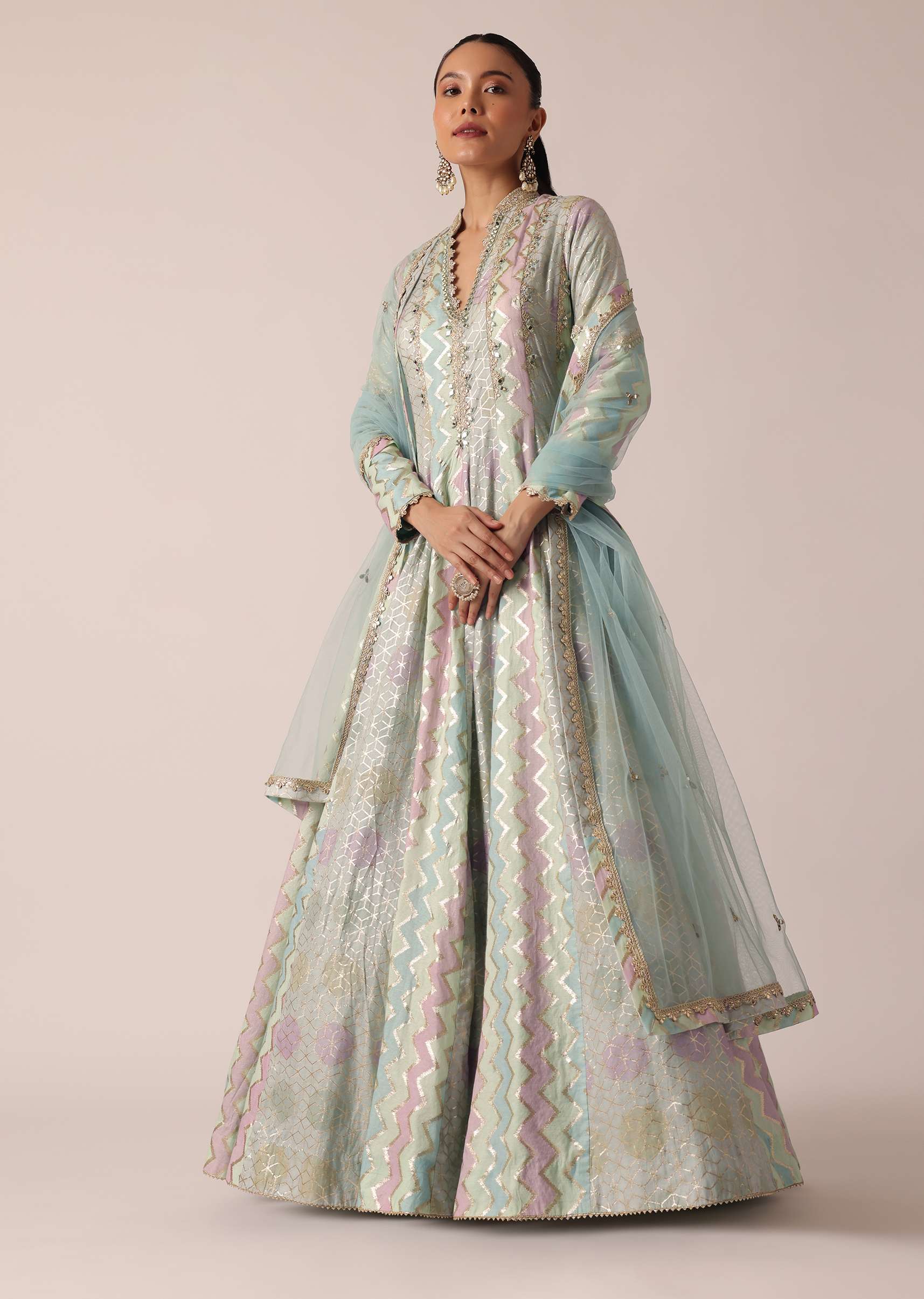 18456-aqua-blue-chanderi-anarkali-set-with-brocade-detail-1.jpg Aqua Blue Chanderi Anarkali Set With Brocade Detail