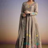 Grey Tissue Anarkali Set With Resham And Moti Work