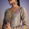 Grey Tissue Anarkali Set With Resham And Moti Work