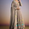 Grey Tissue Anarkali Set With Resham And Moti Work