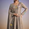 Grey Tissue Anarkali Set With Resham And Moti Work