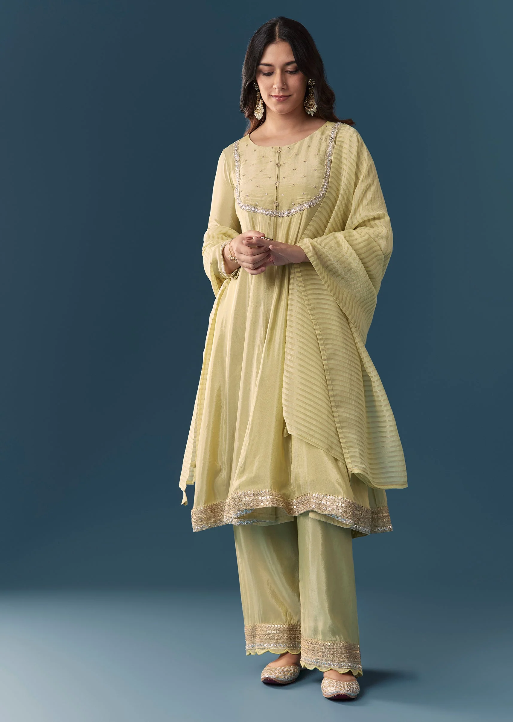 Pista Green Gotta Lace Tissue Anarkali Suit Set With Pant And Dupatta