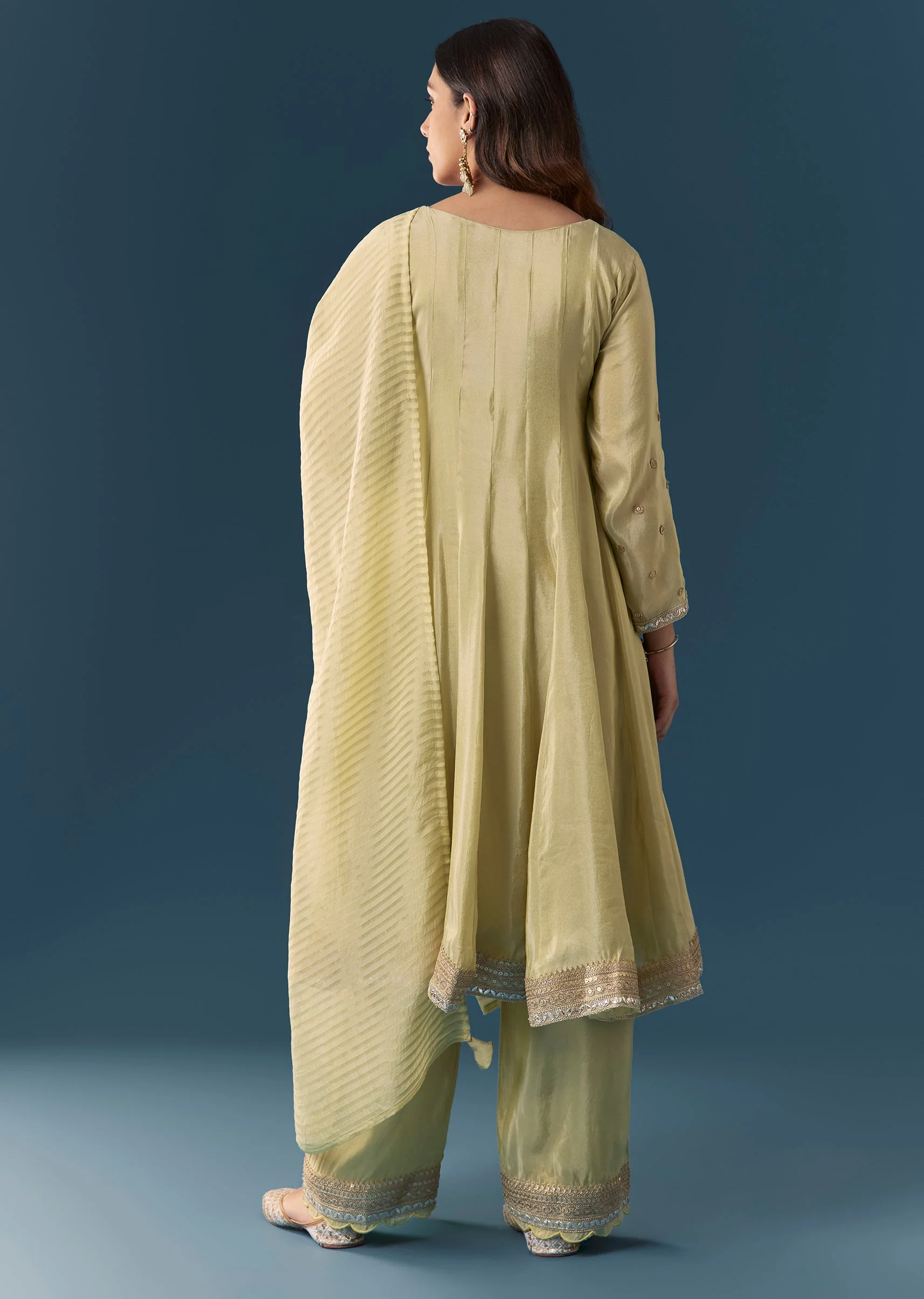 Pista Green Gotta Lace Tissue Anarkali Suit Set With Pant And Dupatta