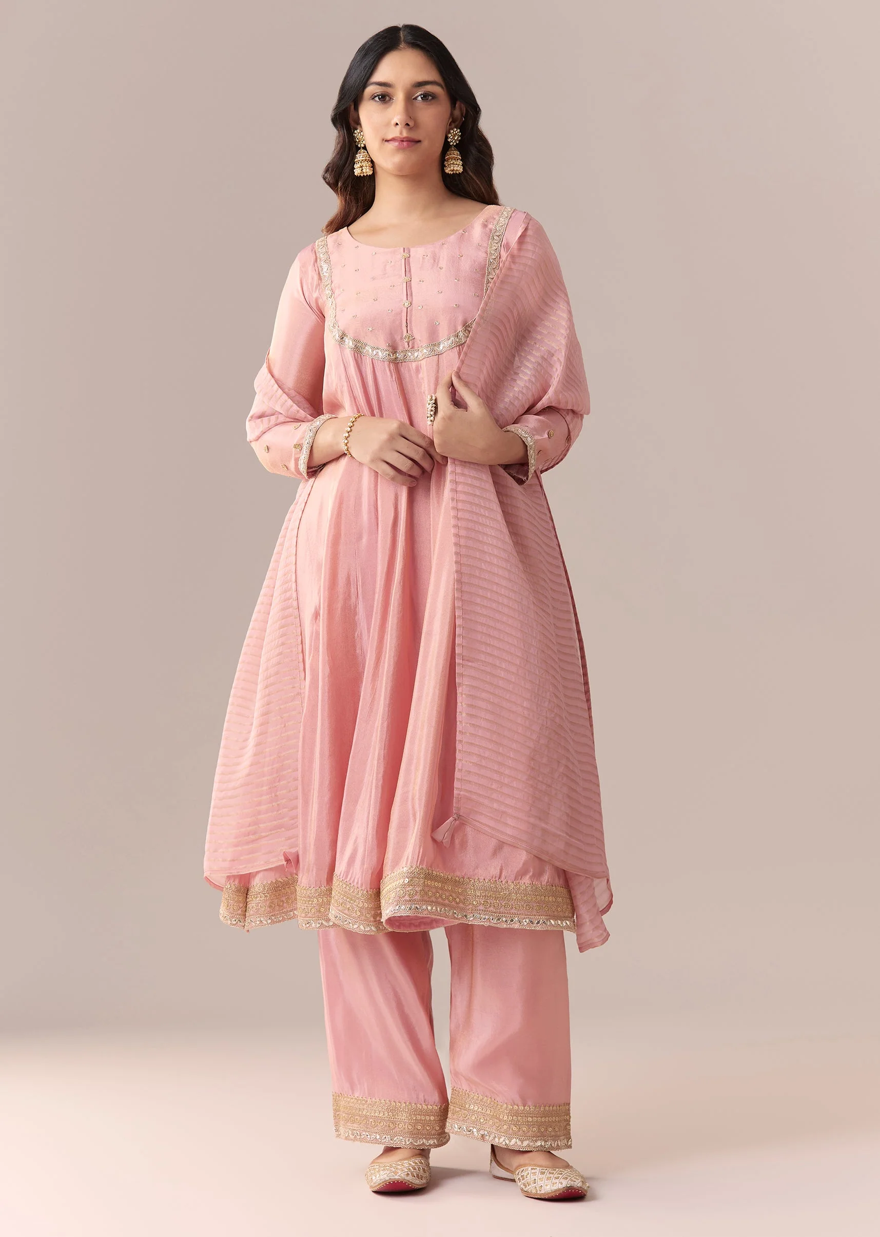 18511-xl-xl-variation-1.webp Pink Gotta Lace Tissue Anarkali Suit Set With Pant And Dupatta