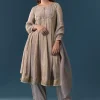 Grey Gotta Lace Tissue Anarkali Suit Set With Pant And Dupatta